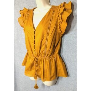 J. Crew Point Sur Top M Peplum Flutter Sleeve Tassel Pom Poms Boho Festival Art